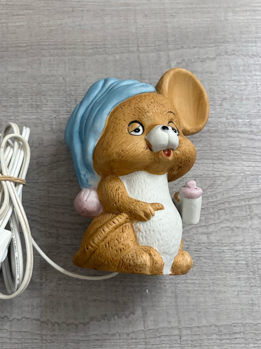 Vintage 1980’s Sleepy Baby Mouse Blue Hat Ceramic Night Light Lamp 6”